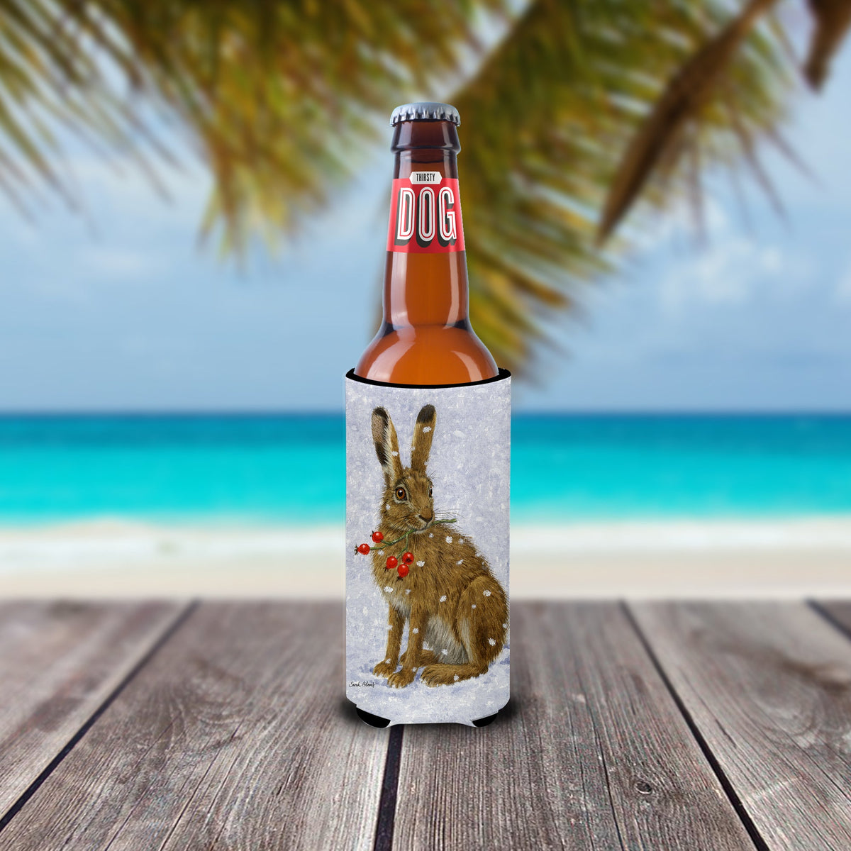 Rabbit Hare & Rosehips Slim Can Hugger , Insulated Foam Hugger for 12 oz Slim Cans, Beer Bottles & Water Bottles, Printed in USA