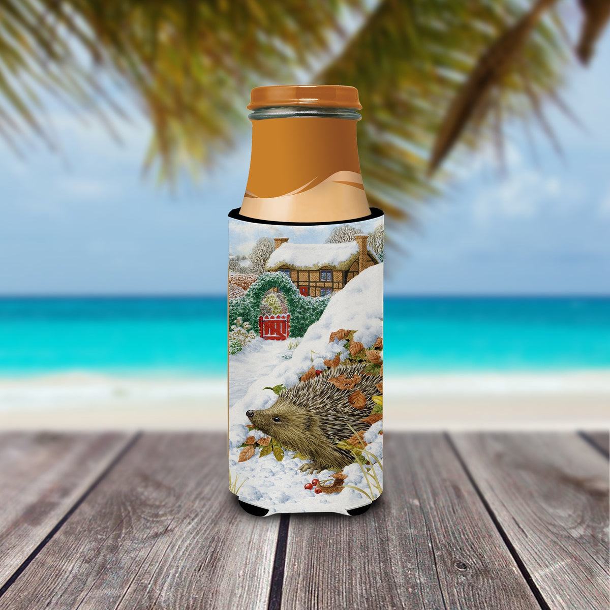Hedgehog Holiday Slim Can Hugger , Insulated Foam Hugger for 12 oz Slim Cans, Beer Bottles & Water Bottles, Printed in USA