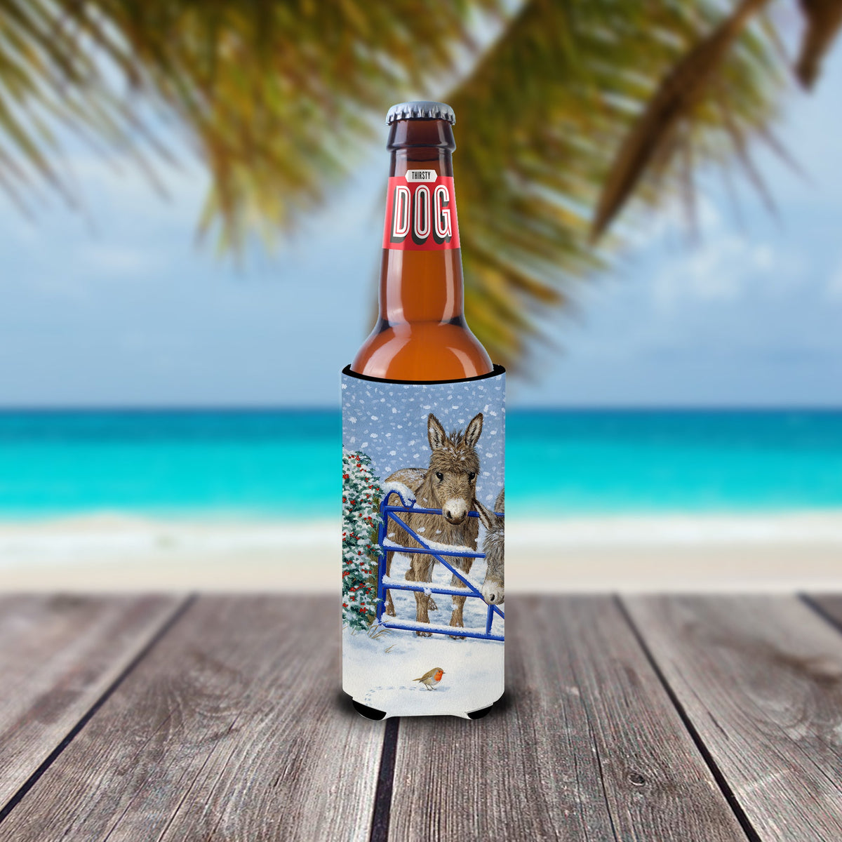 Donkeys and Robin Slim Can Hugger , Insulated Foam Hugger for 12 oz Slim Cans, Beer Bottles & Water Bottles, Printed in USA