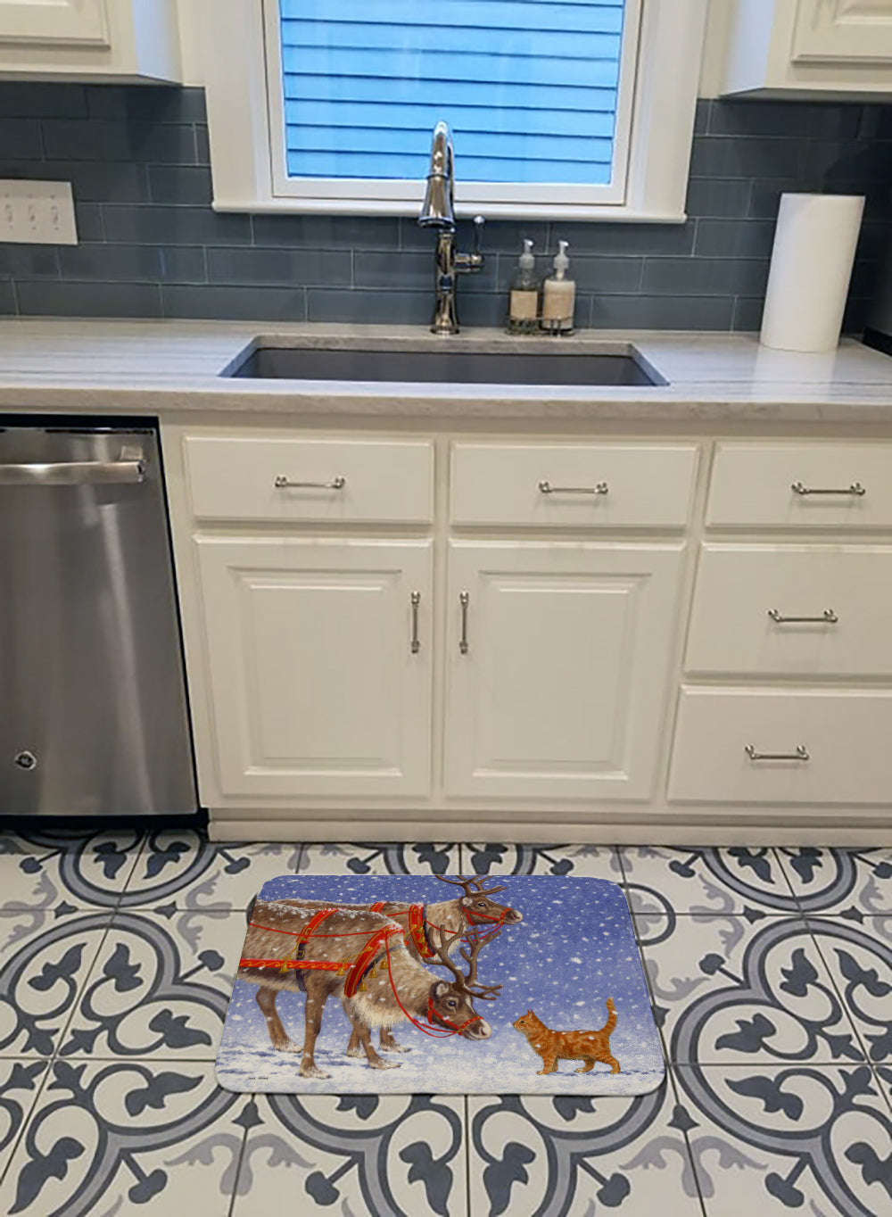 Reindeer & Cat Memory Foam Kitchen Mat Machine Washable Anti-Fatigue Cushion Comfort Bath or Kitchen Rug