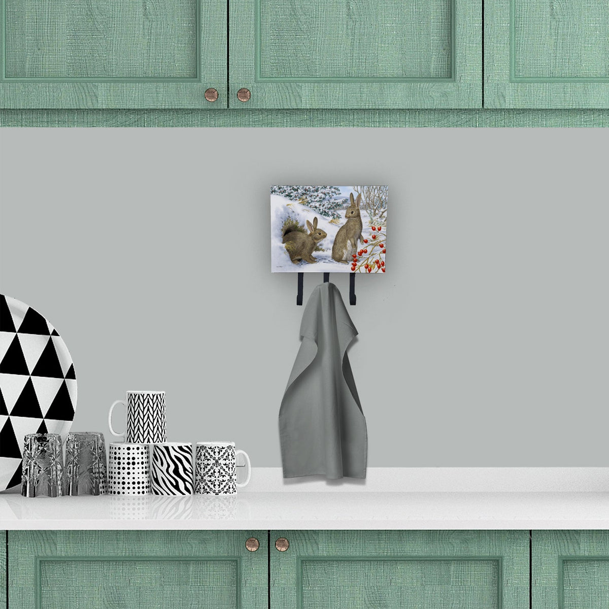 Winter Rabbits Leash or Key Holder Wall Hooks, Coat Rack Wall Mount, for Hanging Keys, Towels, Aprons, Leashes
