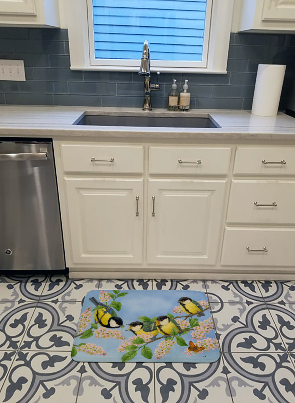 Great Tit Family of Birds Memory Foam Kitchen Mat Machine Washable Anti-Fatigue Cushion Comfort Bath or Kitchen Rug