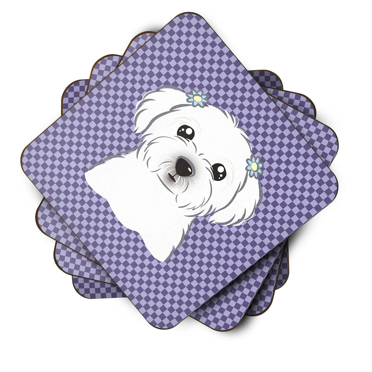 Purple Checkered Maltese Foam Coasters Set of 4 Cup Coasters for Indoor Outdoor, Tabletop Protection, Anti Slip, Mouse pad Material
