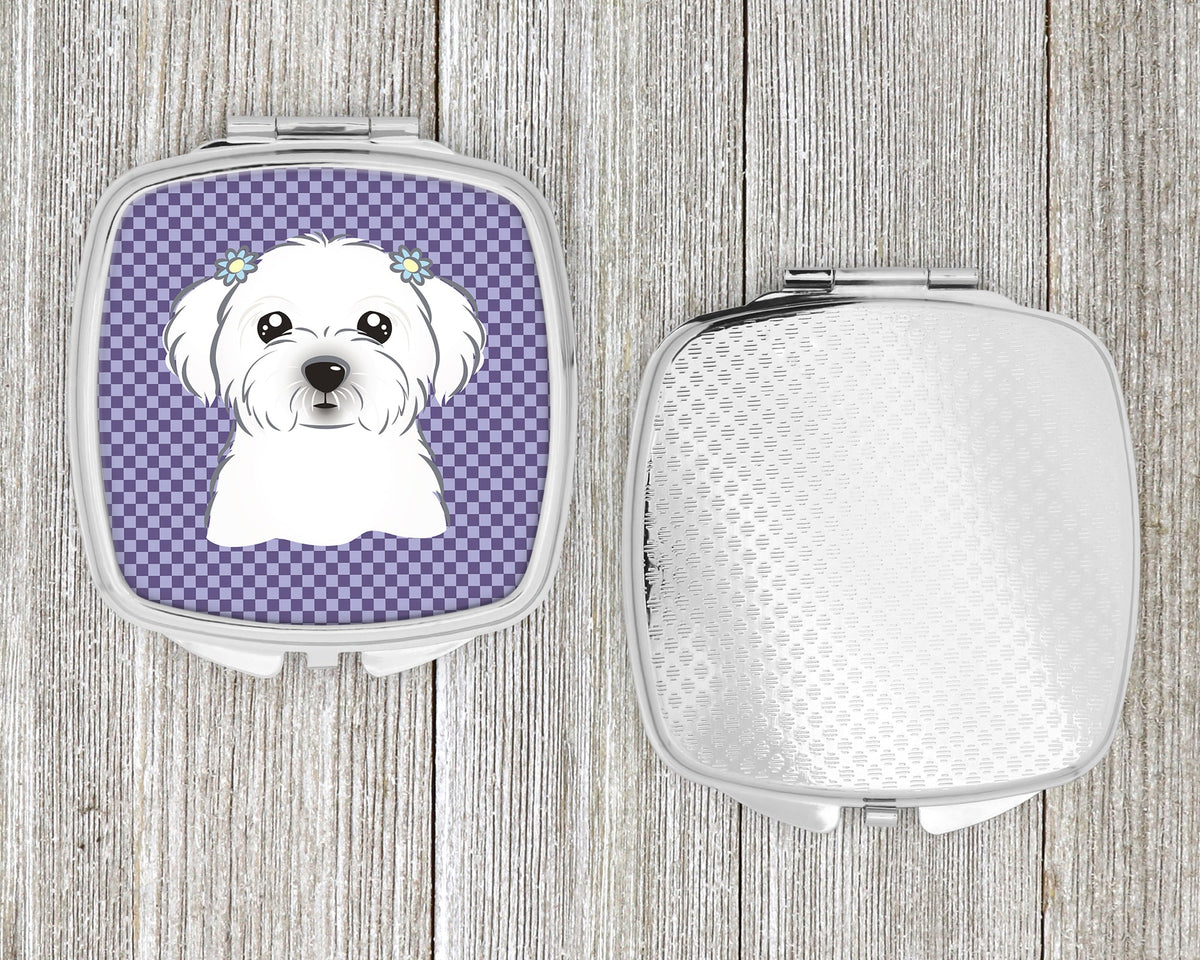 Purple Checkered Maltese Compact Mirror Decorative Travel Makeup Mirror for Women Girls Gifts Pocket Makeup Mirror Folding Handheld