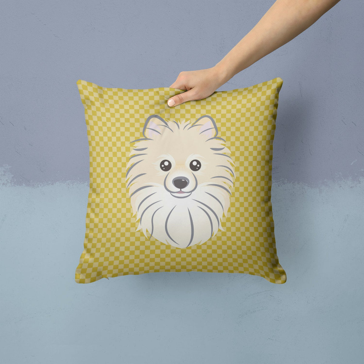 Tan Checkered Pomeranian Decorative Throw Pillow 14x14 Indoor Outdoor Accent Cushion, Fabric Cover with Insert for Sofa, Bed, Porch & Living Room
