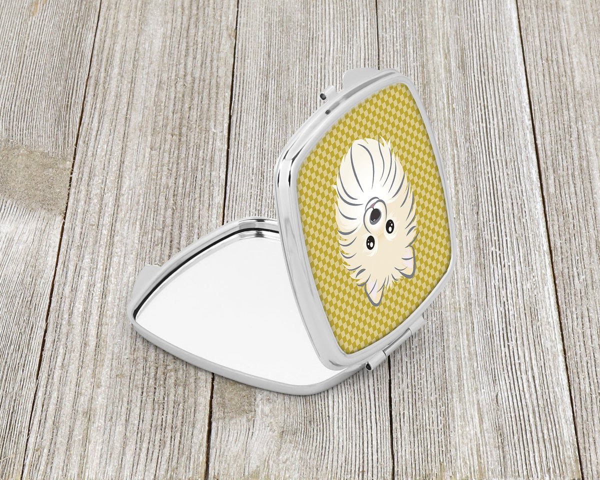 Tan Checkered Pomeranian Compact Mirror Decorative Travel Makeup Mirror for Women Girls Gifts Pocket Makeup Mirror Folding Handheld