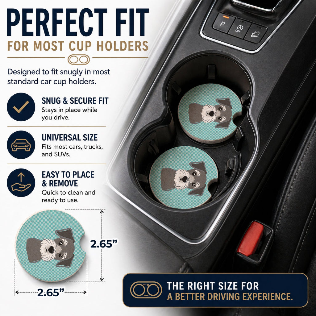 Blue Checkered Schnauzer Set of 2 Cup Holder Car Coasters Absorbent Round Sandstone Coasters Gifts for Men or Women, 2.5, Multicolor