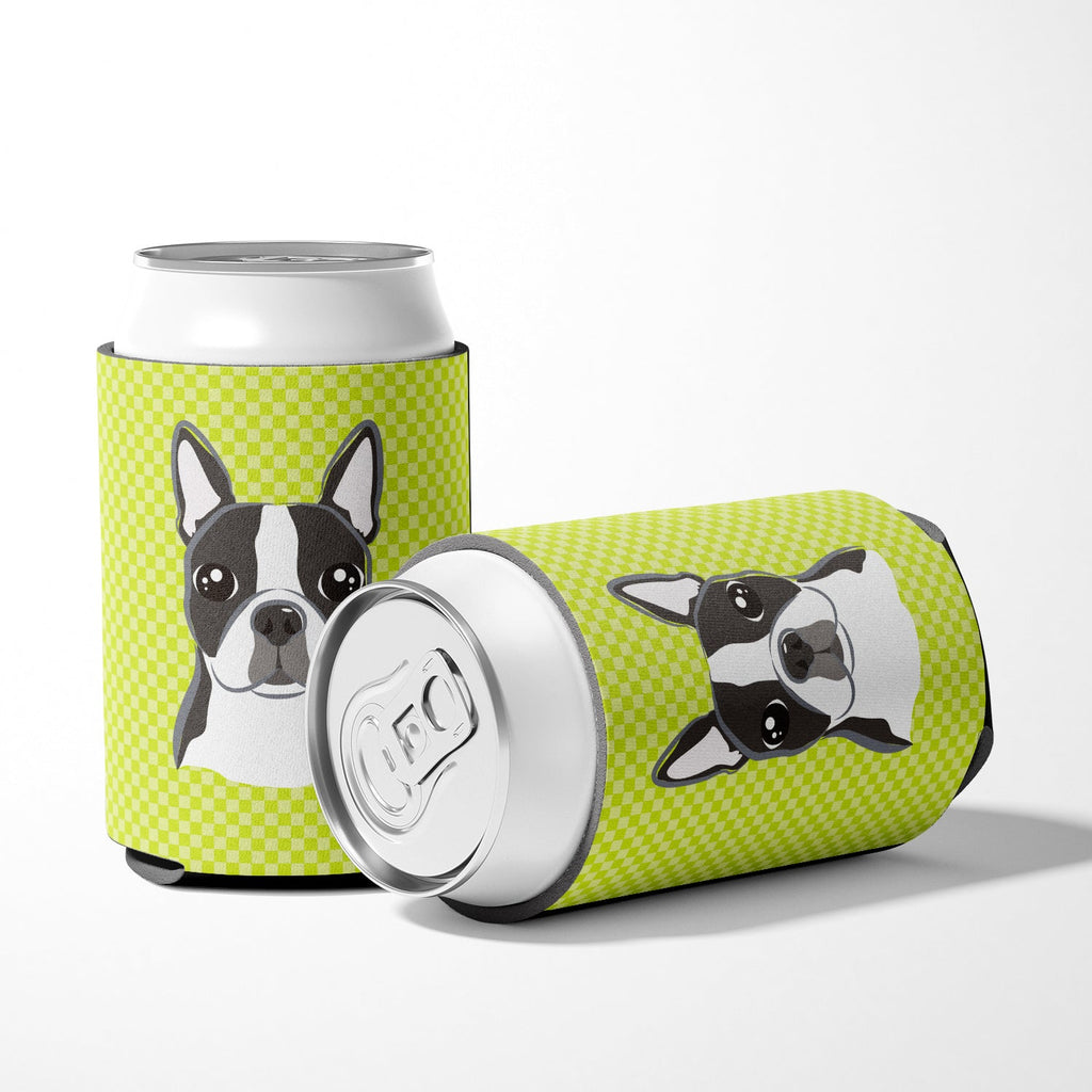 Lime Checkered Boston Terrier Can or Bottle Hugger Cooler Sleeve for Standard 12 oz Cans, Insulated Foam Beer & Soda Can Hugger Reusable