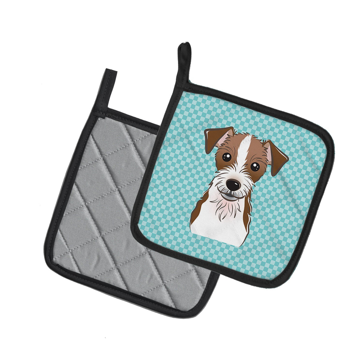 Checkerboard Blue Jack Russell Terrier Pot Holder Set of 2 Heat Resistant Quilted Hot Pads 7.5 x 7.5 Inch, Insulated Kitchen Trivets for Cooking & Baking