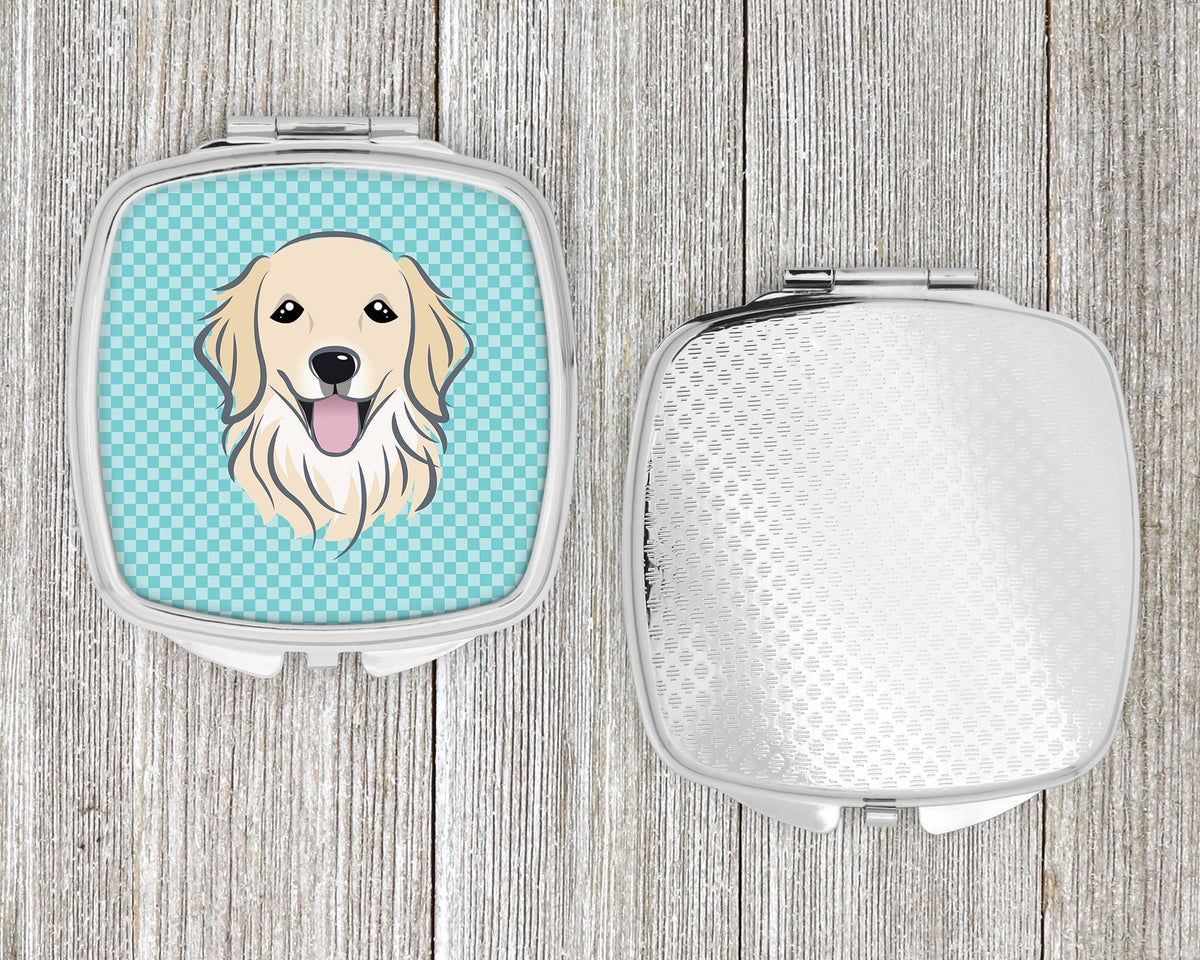 Checkerboard Blue Golden Retriever Compact Mirror Decorative Travel Makeup Mirror for Women Girls Gifts Pocket Makeup Mirror Folding Handheld