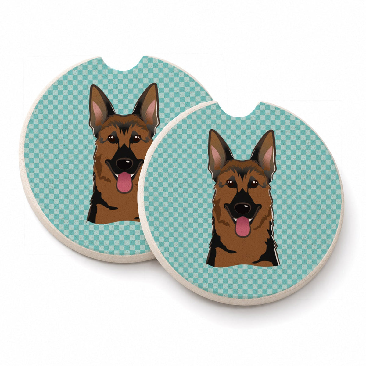 Checkerboard Blue German Shepherd Set of 2 Cup Holder Car Coasters Absorbent Round Sandstone Coasters Gifts for Men or Women, 2.5, Multicolor