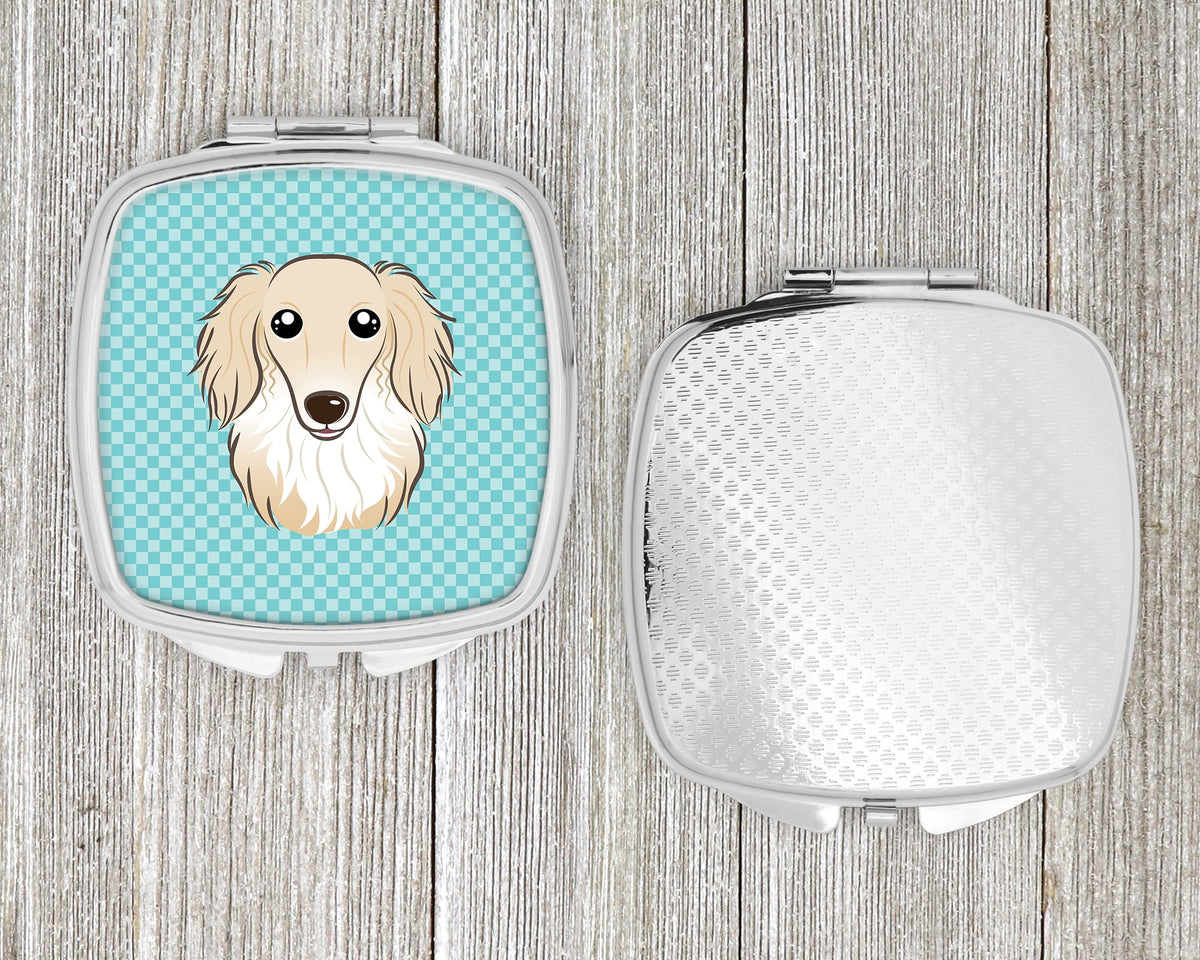 Checkerboard Blue Longhair Creme Dachshund Compact Mirror Decorative Travel Makeup Mirror for Women Girls Gifts Pocket Makeup Mirror Folding Handheld