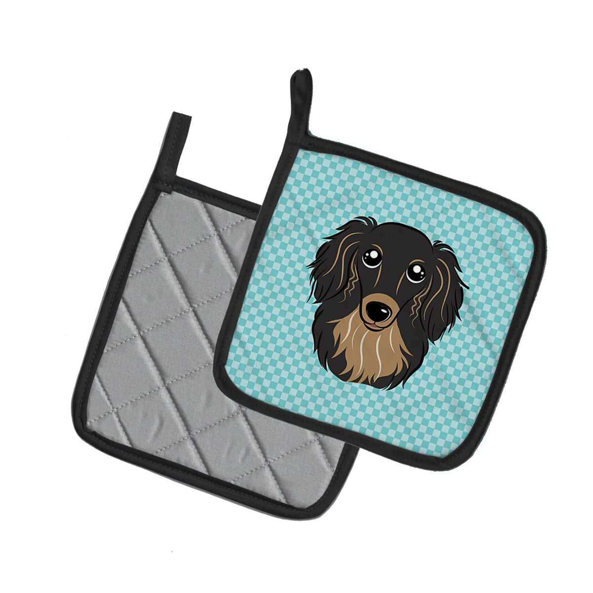 Checkerboard Blue Longhair Black and Tan Dachshund Pot Holder Set of 2 Heat Resistant Quilted Hot Pads 7.5 x 7.5 Inch, Insulated Kitchen Trivets for Cooking & Baking