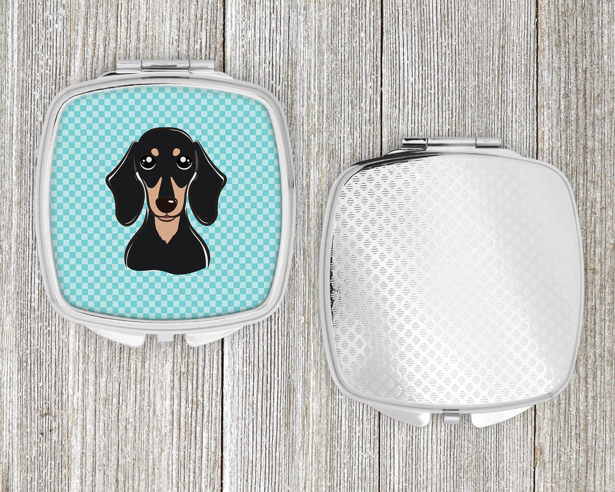 Checkerboard Blue Smooth Black and Tan Dachshund Compact Mirror Decorative Travel Makeup Mirror for Women Girls Gifts Pocket Makeup Mirror Folding Handheld