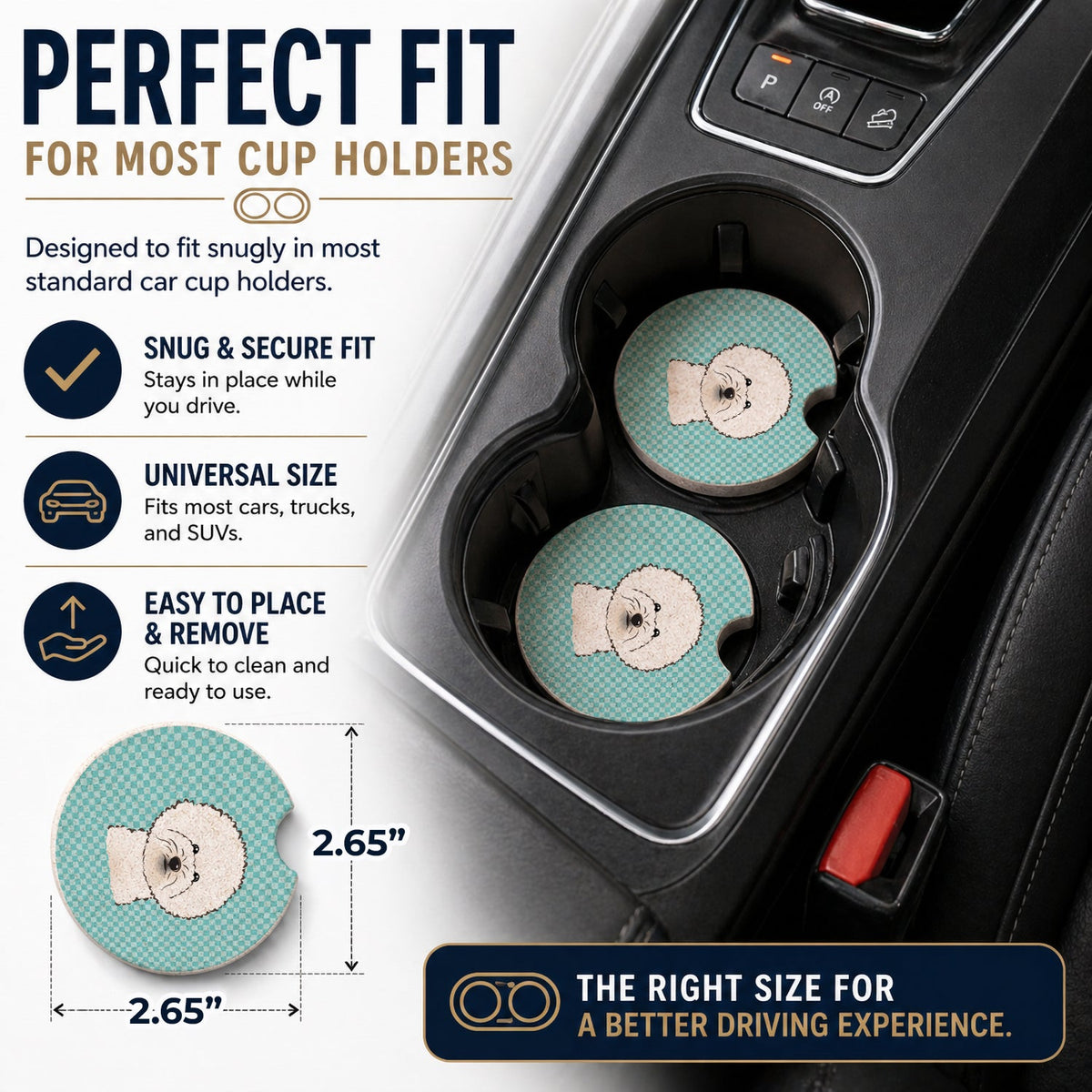 Checkerboard Blue Bichon Frise Set of 2 Cup Holder Car Coasters Absorbent Round Sandstone Coasters Gifts for Men or Women, 2.5, Multicolor