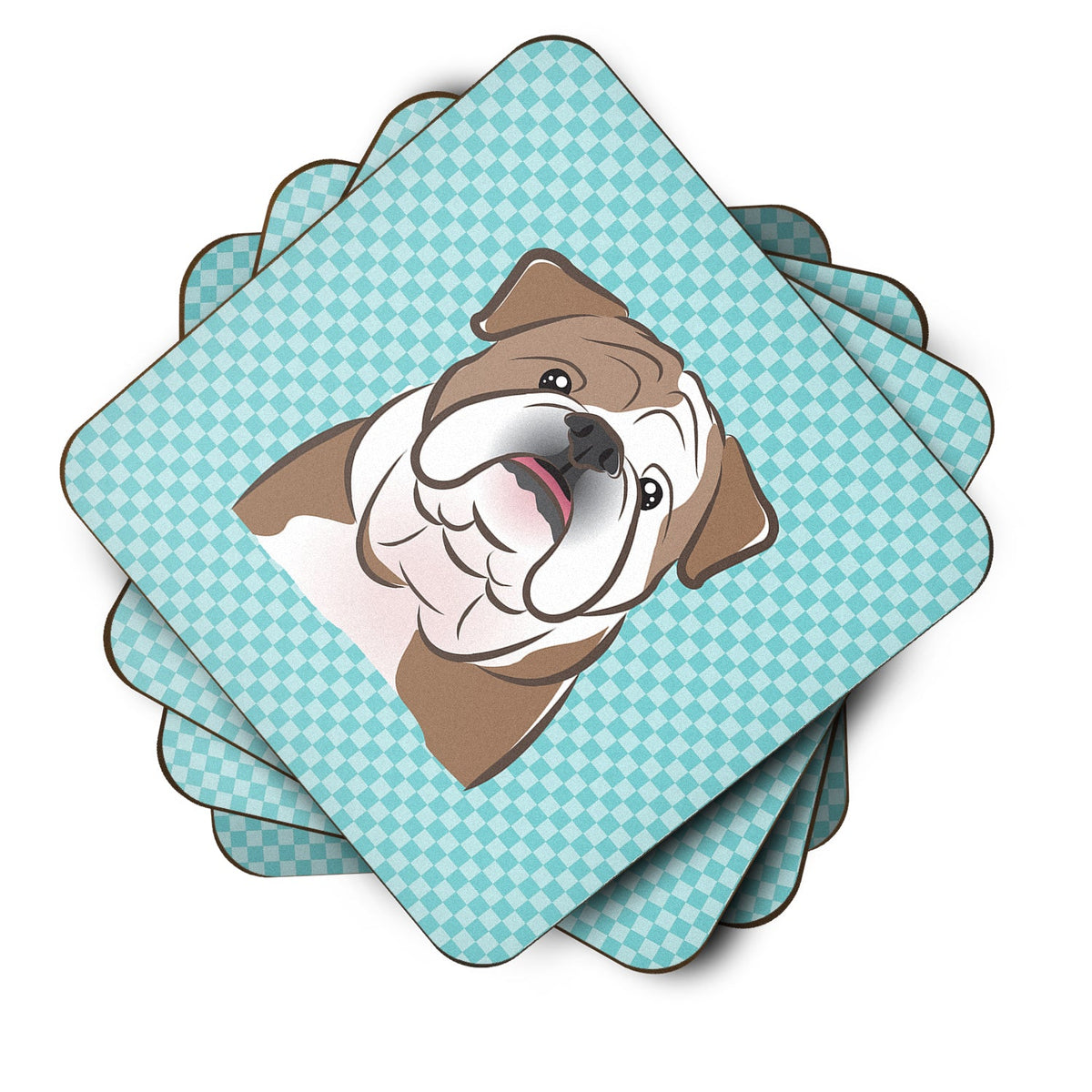 Checkerboard Blue English Bulldog  Foam Coasters Set of 4 Cup Coasters for Indoor Outdoor, Tabletop Protection, Anti Slip, Mouse pad Material