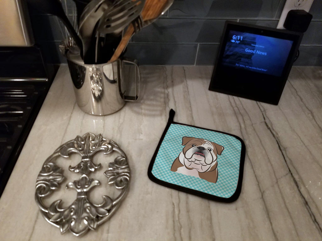 Checkerboard Blue English Bulldog  Pot Holder Set of 2 Heat Resistant Quilted Hot Pads 7.5 x 7.5 Inch, Insulated Kitchen Trivets for Cooking & Baking