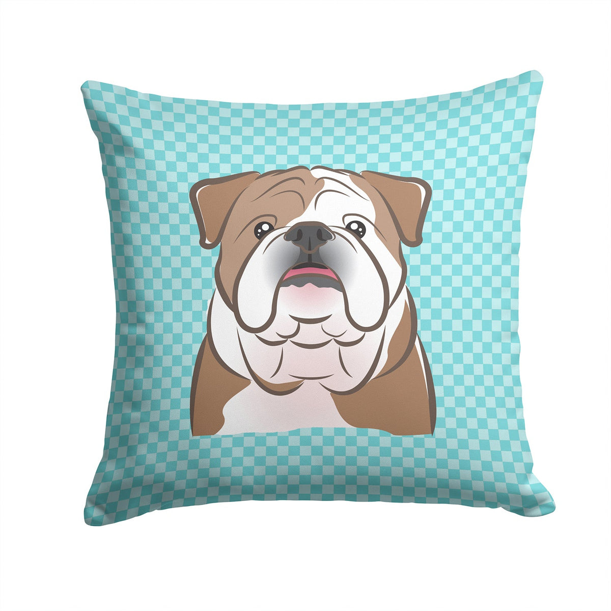 Checkerboard Blue English Bulldog  Decorative Throw Pillow 14x14 Indoor Outdoor Accent Cushion, Fabric Cover with Insert for Sofa, Bed, Porch & Living Room