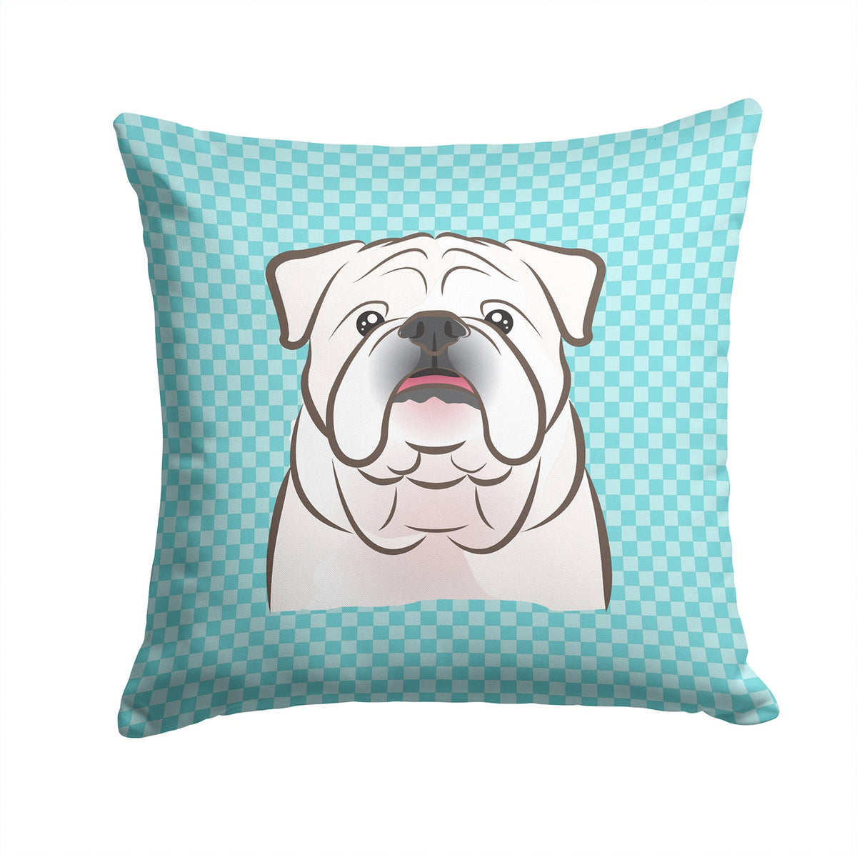 Checkerboard Blue White English Bulldog  Decorative Throw Pillow 14x14 Indoor Outdoor Accent Cushion, Fabric Cover with Insert for Sofa, Bed, Porch & Living Room
