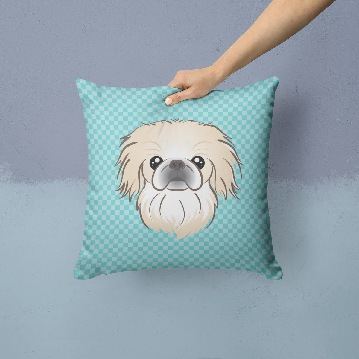 Checkerboard Blue Pekingese Decorative Throw Pillow 14x14 Indoor Outdoor Accent Cushion, Fabric Cover with Insert for Sofa, Bed, Porch & Living Room
