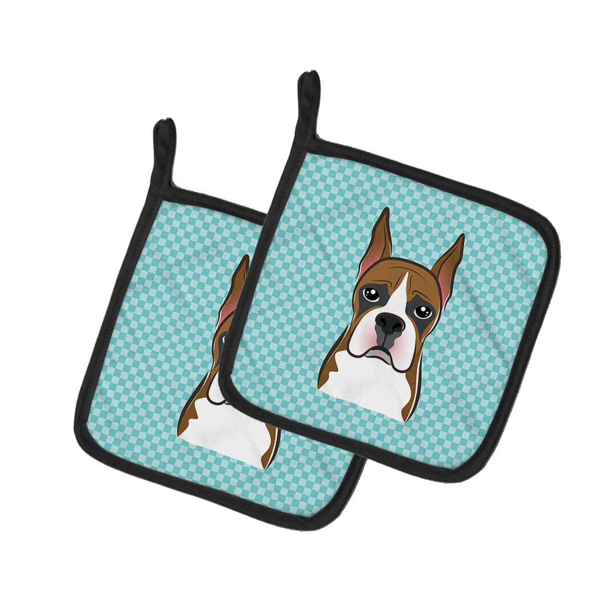 Checkerboard Blue Boxer Pot Holder Set of 2 Heat Resistant Quilted Hot Pads 7.5 x 7.5 Inch, Insulated Kitchen Trivets for Cooking & Baking