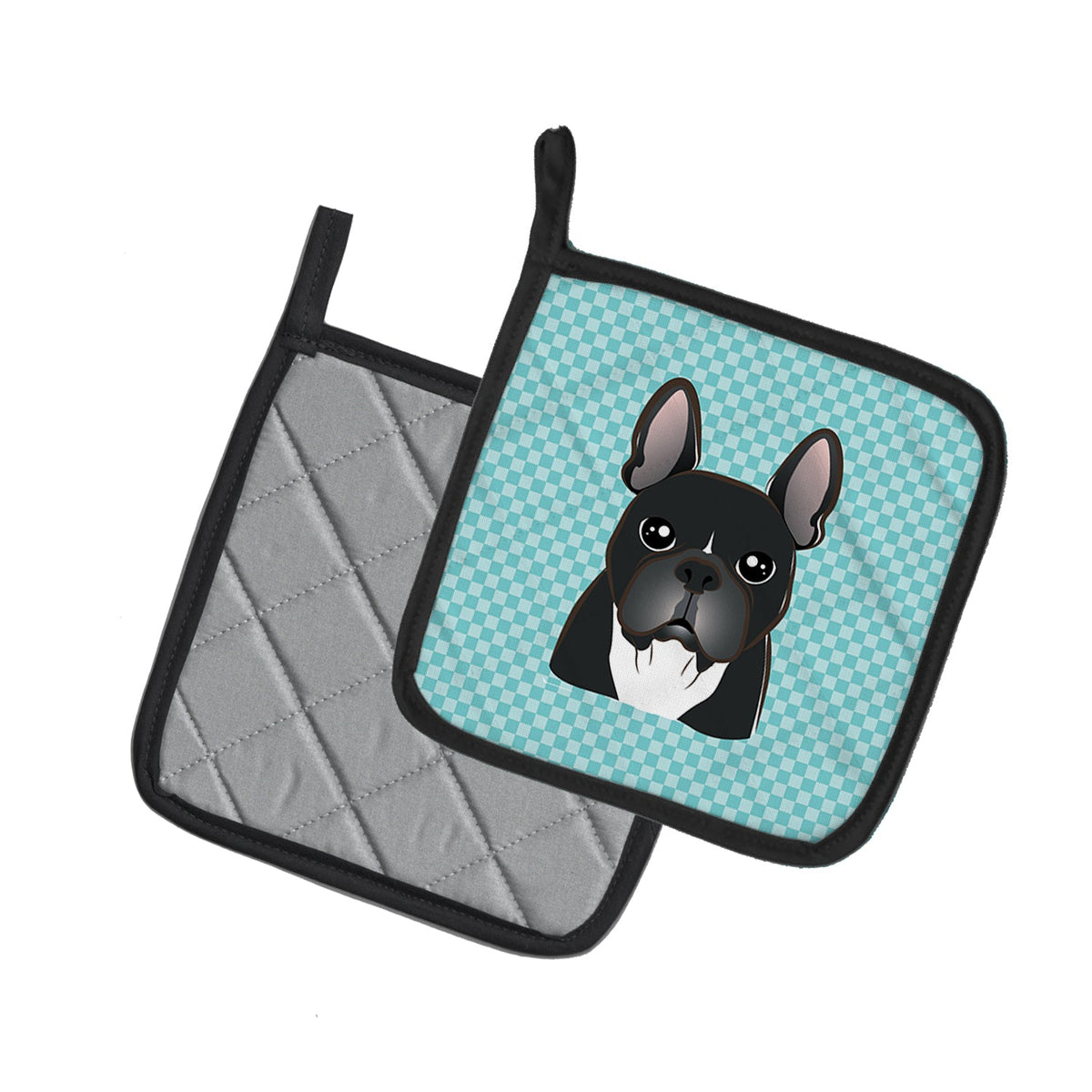 Checkerboard Blue French Bulldog Pot Holder Set of 2 Heat Resistant Quilted Hot Pads 7.5 x 7.5 Inch, Insulated Kitchen Trivets for Cooking & Baking
