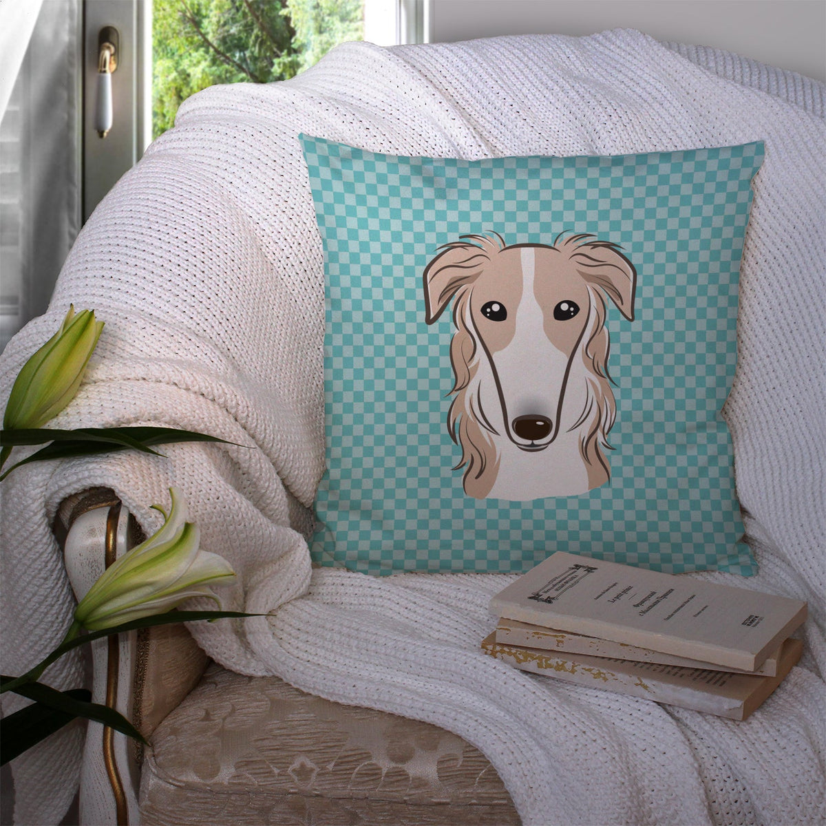 Checkerboard Blue Borzoi Decorative Throw Pillow 14x14 Indoor Outdoor Accent Cushion, Fabric Cover with Insert for Sofa, Bed, Porch & Living Room