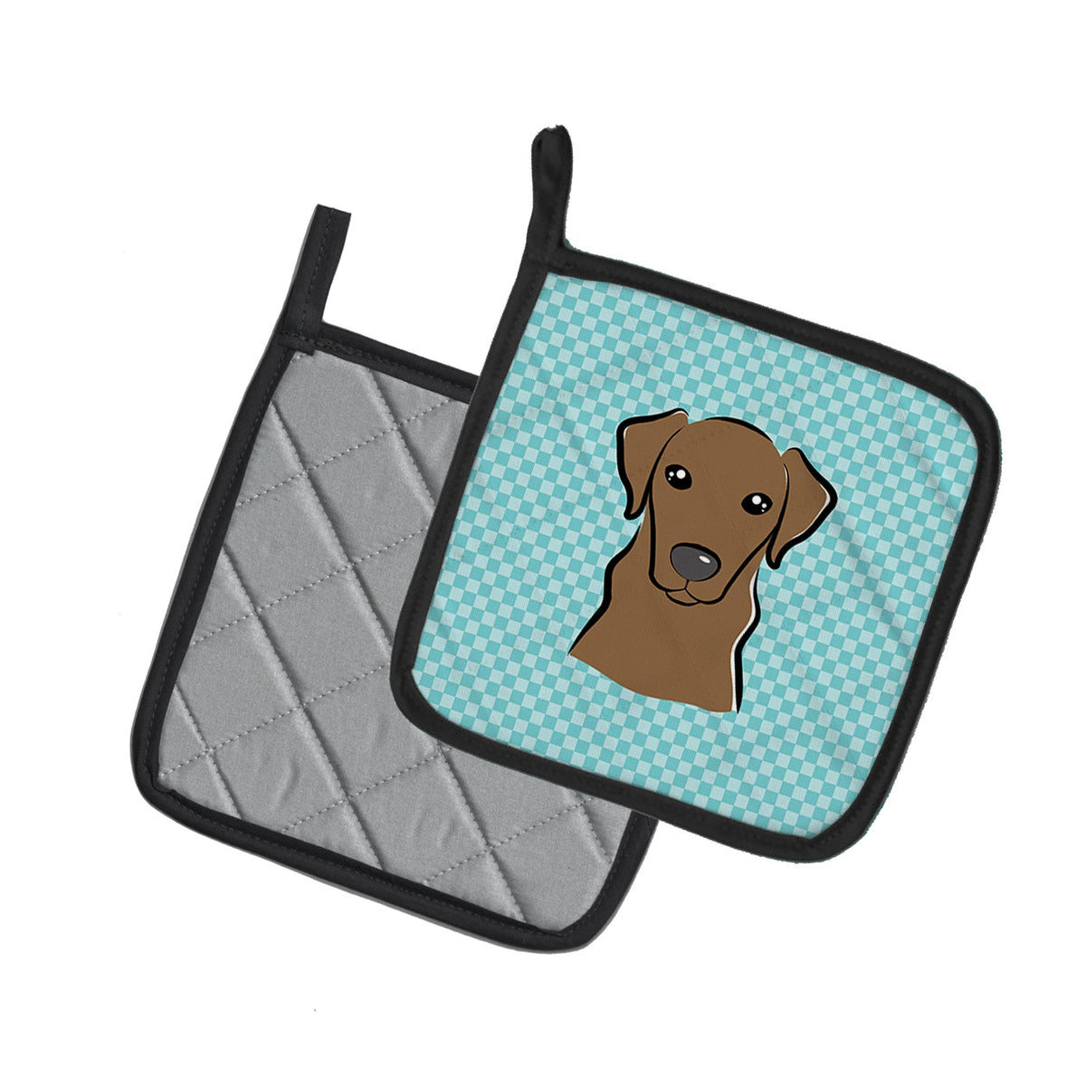 Checkerboard Blue Chocolate Labrador Pot Holder Set of 2 Heat Resistant Quilted Hot Pads 7.5 x 7.5 Inch, Insulated Kitchen Trivets for Cooking & Baking