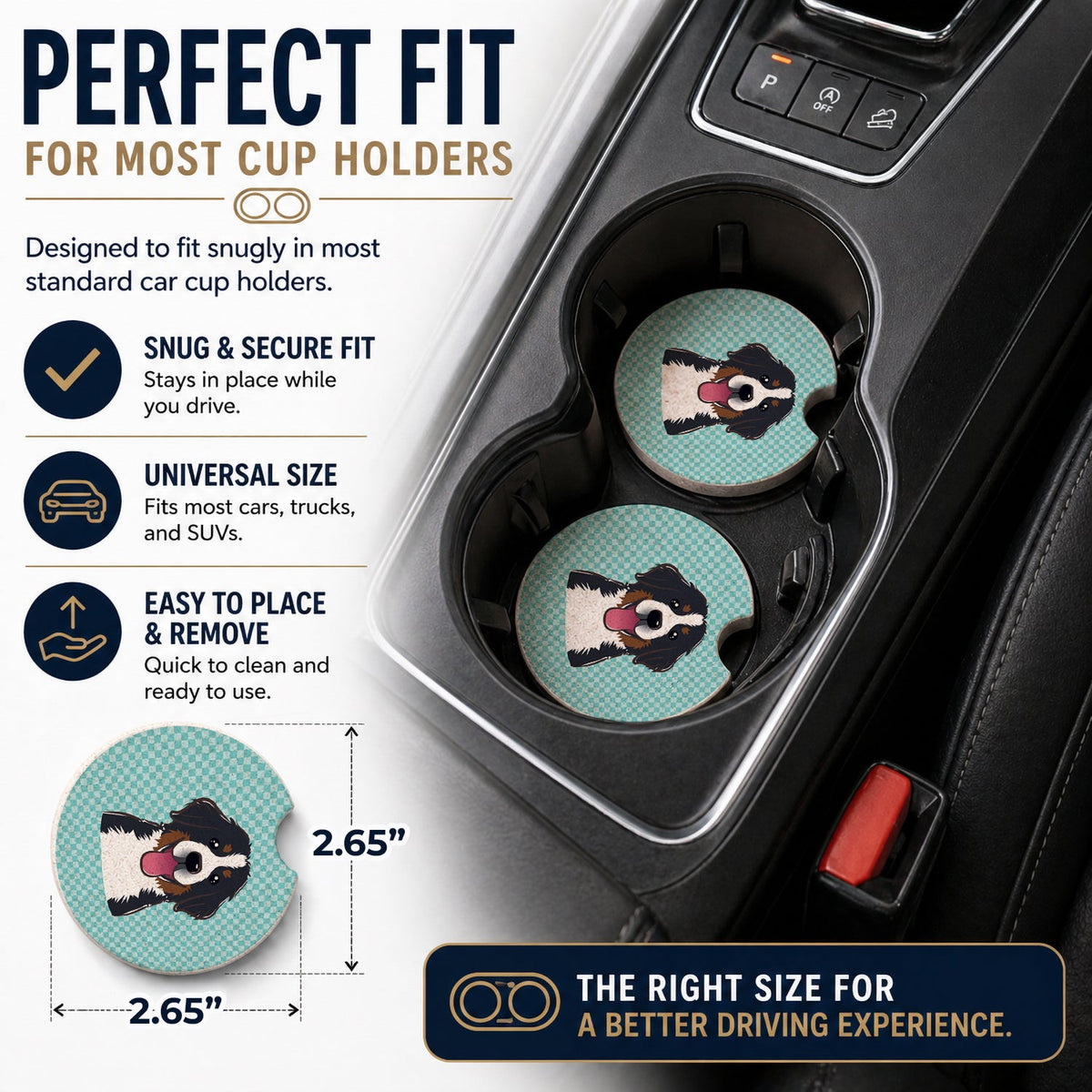 Checkerboard Blue Bernese Mountain Dog Set of 2 Cup Holder Car Coasters Absorbent Round Sandstone Coasters Gifts for Men or Women, 2.5, Multicolor
