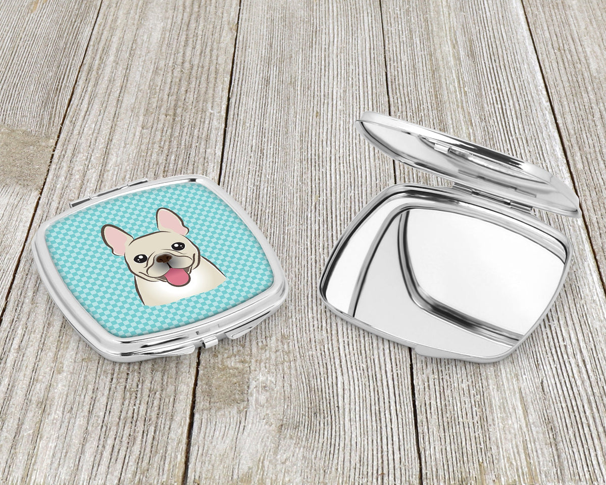 Checkerboard Blue French Bulldog Compact Mirror Decorative Travel Makeup Mirror for Women Girls Gifts Pocket Makeup Mirror Folding Handheld