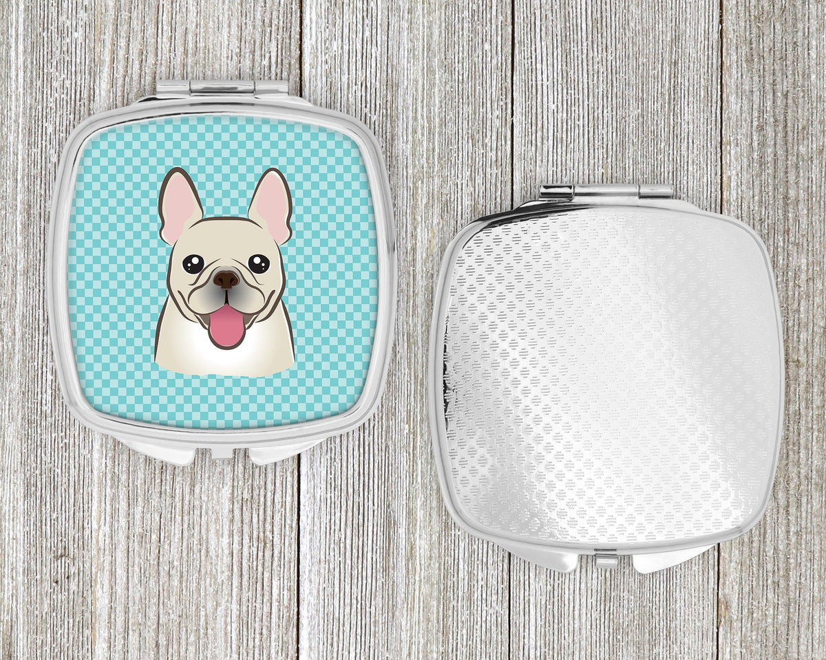 Checkerboard Blue French Bulldog Compact Mirror Decorative Travel Makeup Mirror for Women Girls Gifts Pocket Makeup Mirror Folding Handheld