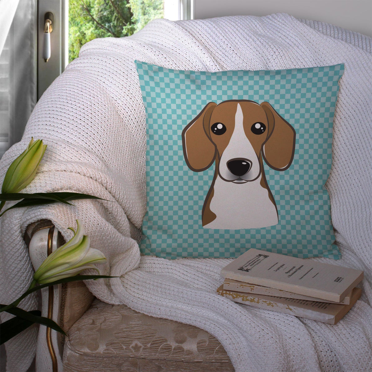 Checkerboard Blue Beagle Decorative Throw Pillow 14x14 Indoor Outdoor Accent Cushion, Fabric Cover with Insert for Sofa, Bed, Porch & Living Room