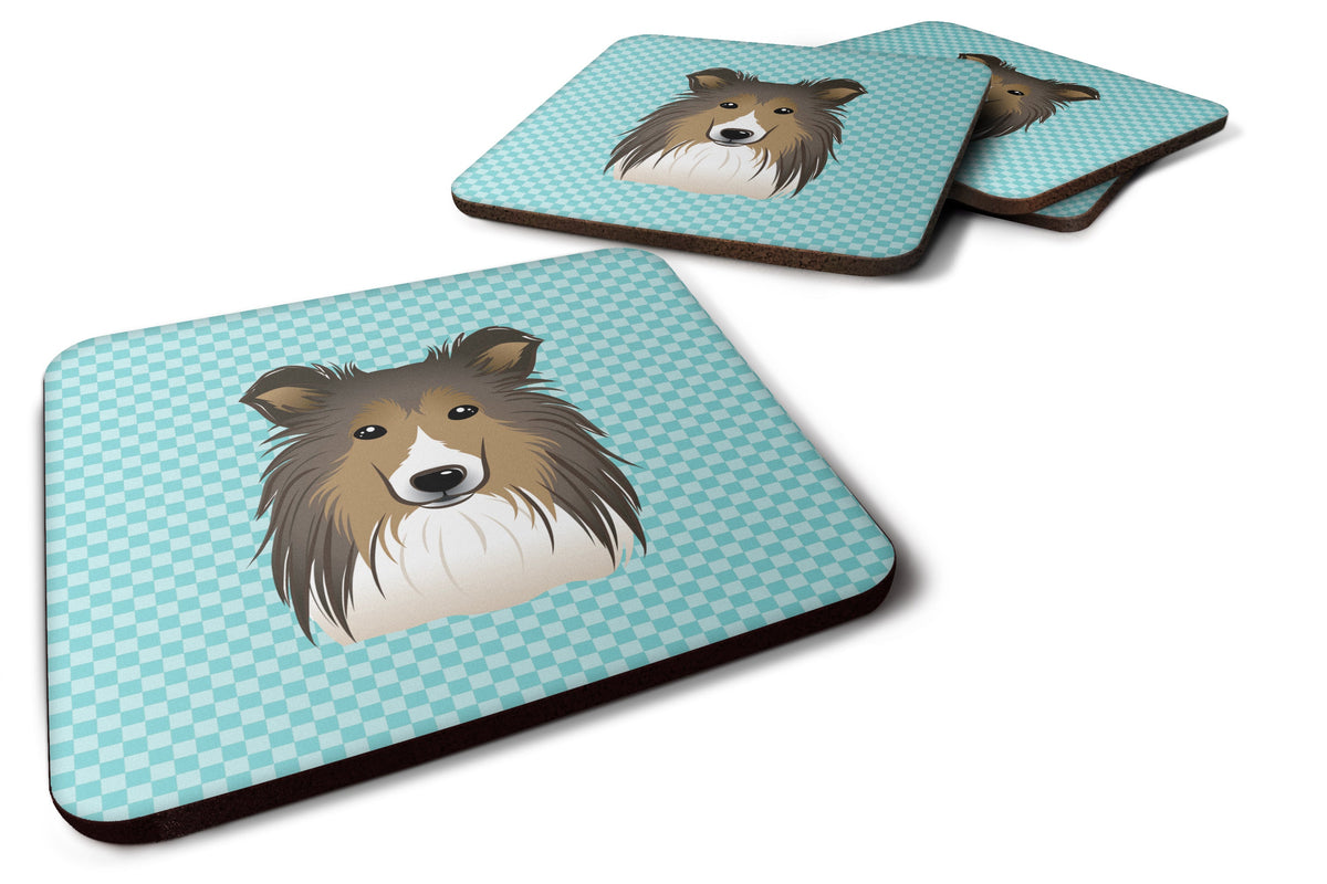 Checkerboard Blue Sheltie Foam Coasters Set of 4 Cup Coasters for Indoor Outdoor, Tabletop Protection, Anti Slip, Mouse pad Material