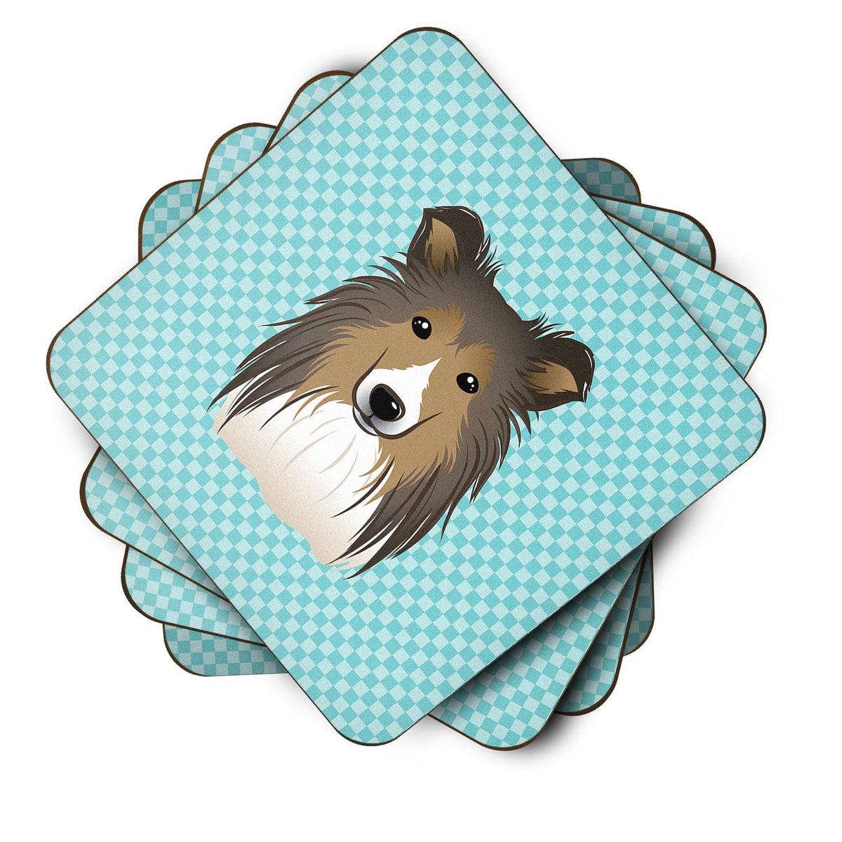 Checkerboard Blue Sheltie Foam Coasters Set of 4 Cup Coasters for Indoor Outdoor, Tabletop Protection, Anti Slip, Mouse pad Material