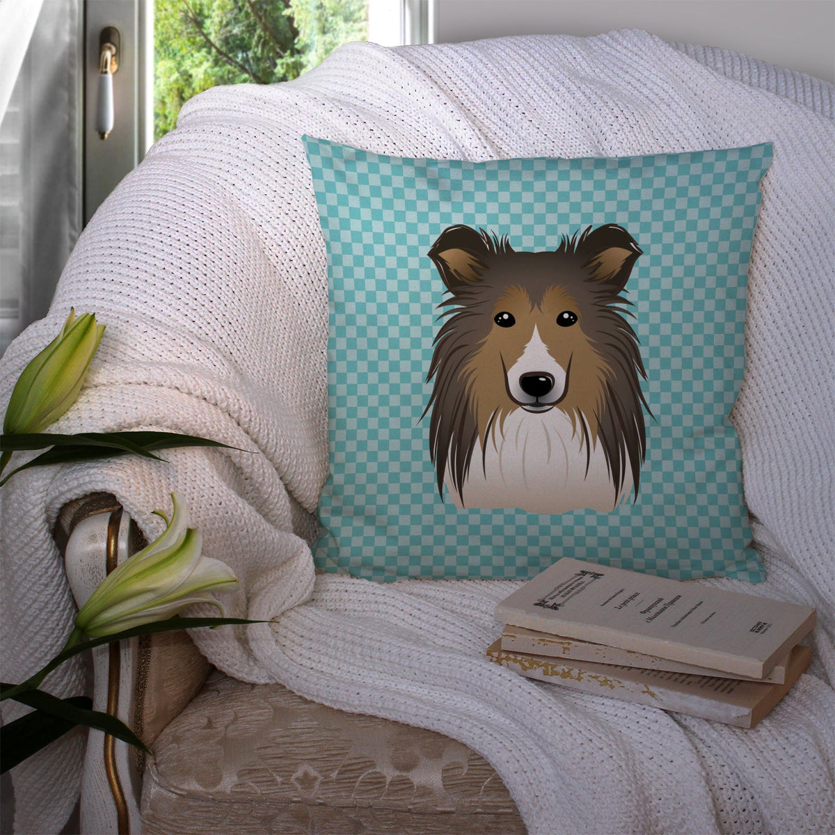 Checkerboard Blue Sheltie Decorative Throw Pillow 14x14 Indoor Outdoor Accent Cushion, Fabric Cover with Insert for Sofa, Bed, Porch & Living Room