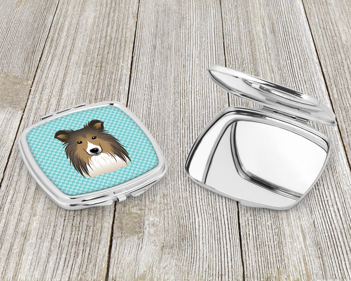 Checkerboard Blue Sheltie Compact Mirror Decorative Travel Makeup Mirror for Women Girls Gifts Pocket Makeup Mirror Folding Handheld
