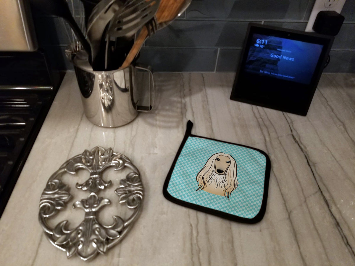 Checkerboard Blue Afghan Hound Pot Holder Set of 2 Heat Resistant Quilted Hot Pads 7.5 x 7.5 Inch, Insulated Kitchen Trivets for Cooking & Baking
