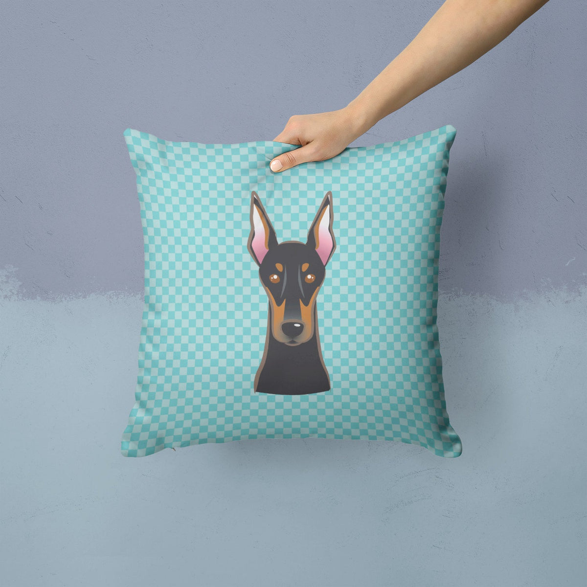 Checkerboard Blue Doberman Decorative Throw Pillow 14x14 Indoor Outdoor Accent Cushion, Fabric Cover with Insert for Sofa, Bed, Porch & Living Room