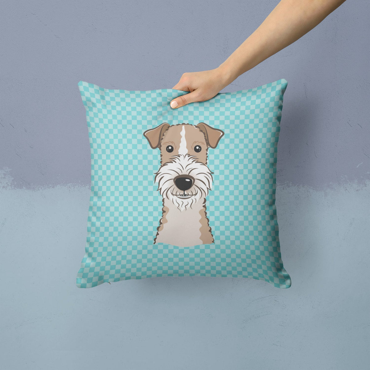 Checkerboard Blue Wire Haired Fox Terrier Decorative Throw Pillow 14x14 Indoor Outdoor Accent Cushion, Fabric Cover with Insert for Sofa, Bed, Porch & Living Room