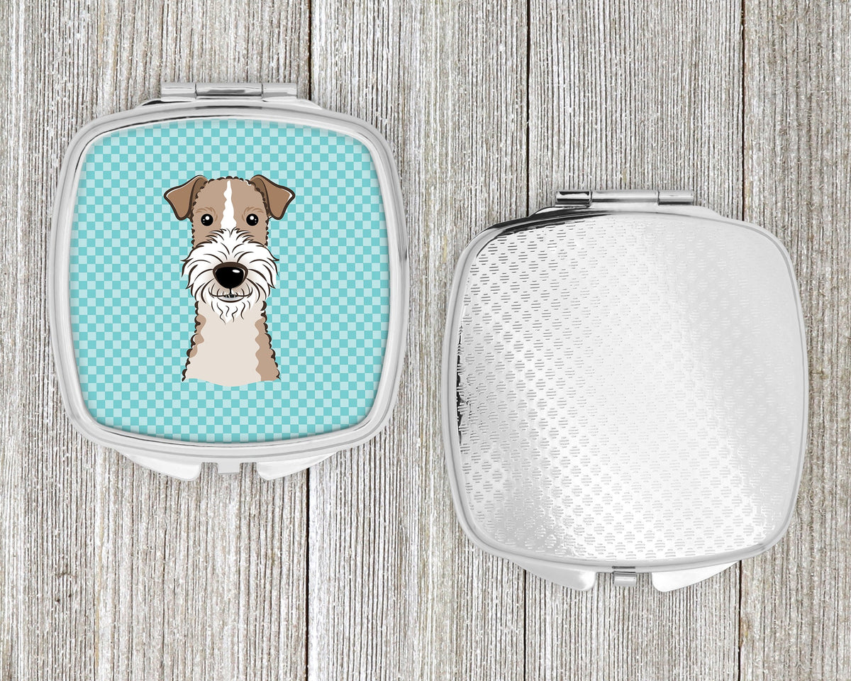 Checkerboard Blue Wire Haired Fox Terrier Compact Mirror Decorative Travel Makeup Mirror for Women Girls Gifts Pocket Makeup Mirror Folding Handheld