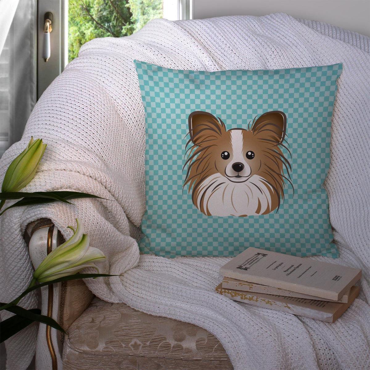 Checkerboard Blue Papillon Decorative Throw Pillow 14x14 Indoor Outdoor Accent Cushion, Fabric Cover with Insert for Sofa, Bed, Porch & Living Room