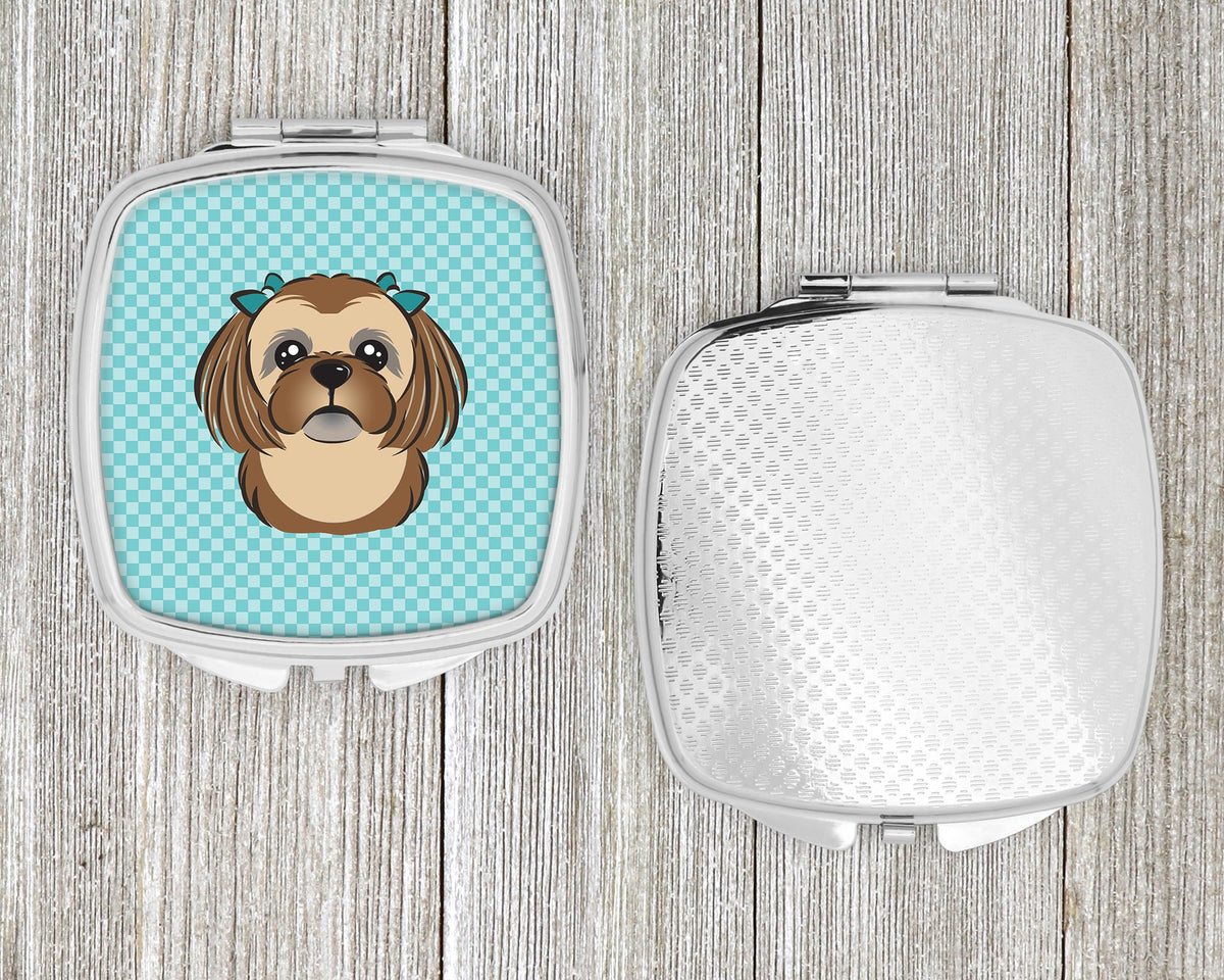 Checkerboard Blue Chocolate Brown Shih Tzu Compact Mirror Decorative Travel Makeup Mirror for Women Girls Gifts Pocket Makeup Mirror Folding Handheld