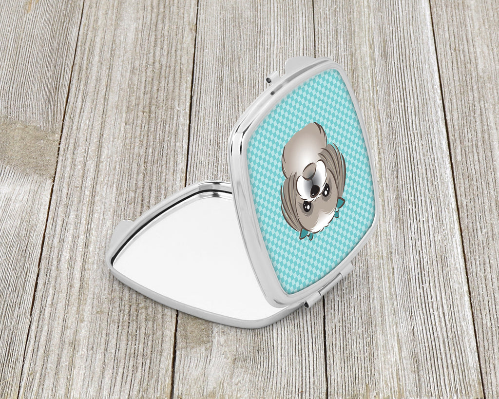 Checkerboard Blue Gray Silver Shih Tzu Compact Mirror Decorative Travel Makeup Mirror for Women Girls Gifts Pocket Makeup Mirror Folding Handheld