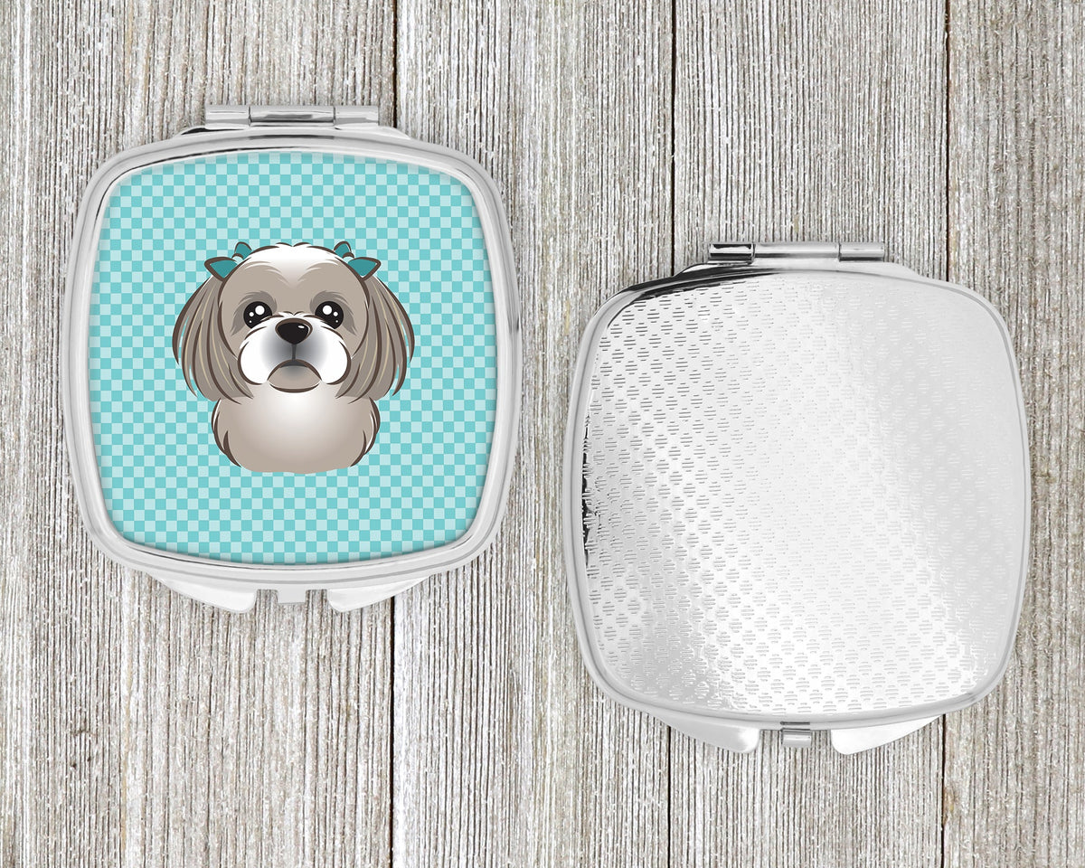 Checkerboard Blue Gray Silver Shih Tzu Compact Mirror Decorative Travel Makeup Mirror for Women Girls Gifts Pocket Makeup Mirror Folding Handheld