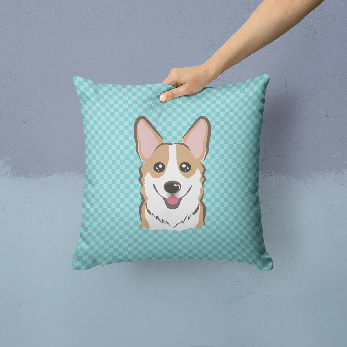 Checkerboard Blue Corgi Decorative Throw Pillow 14x14 Indoor Outdoor Accent Cushion, Fabric Cover with Insert for Sofa, Bed, Porch & Living Room
