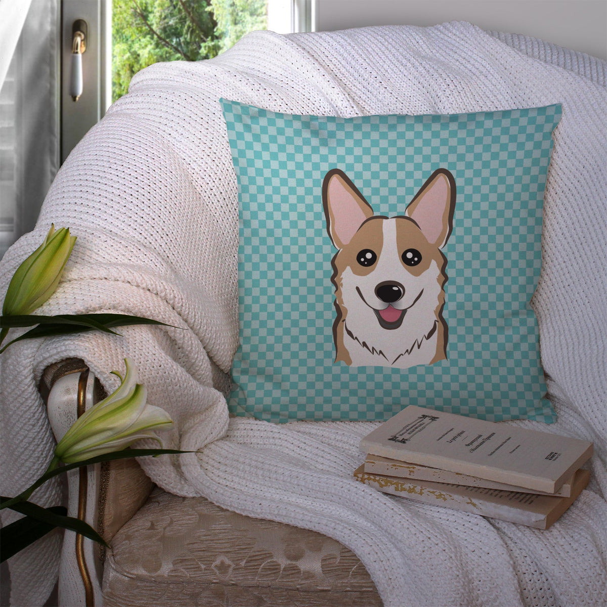 Checkerboard Blue Corgi Decorative Throw Pillow 14x14 Indoor Outdoor Accent Cushion, Fabric Cover with Insert for Sofa, Bed, Porch & Living Room