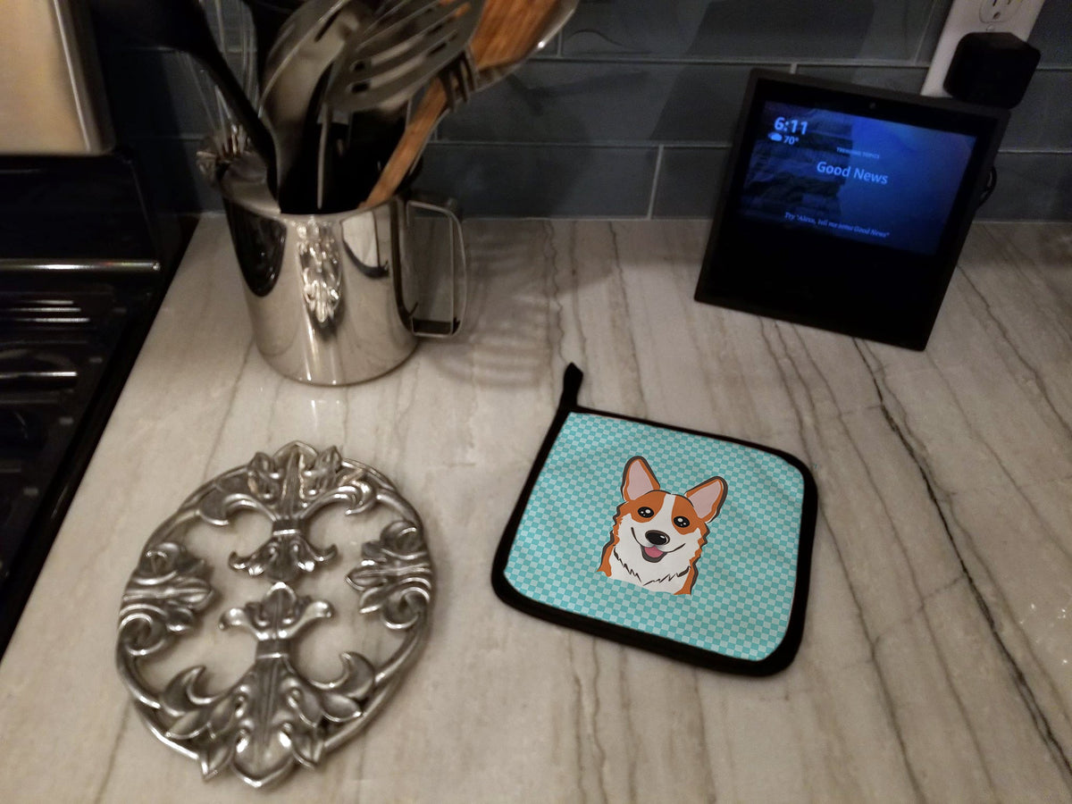 Checkerboard Blue Corgi Pot Holder Set of 2 Heat Resistant Quilted Hot Pads 7.5 x 7.5 Inch, Insulated Kitchen Trivets for Cooking & Baking