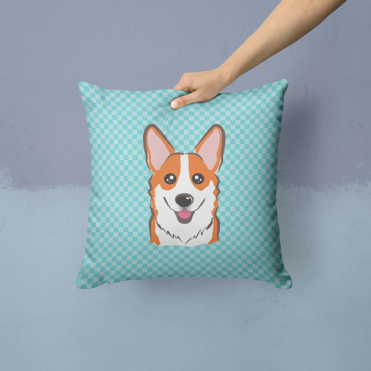 Checkerboard Blue Corgi Decorative Throw Pillow 14x14 Indoor Outdoor Accent Cushion, Fabric Cover with Insert for Sofa, Bed, Porch & Living Room