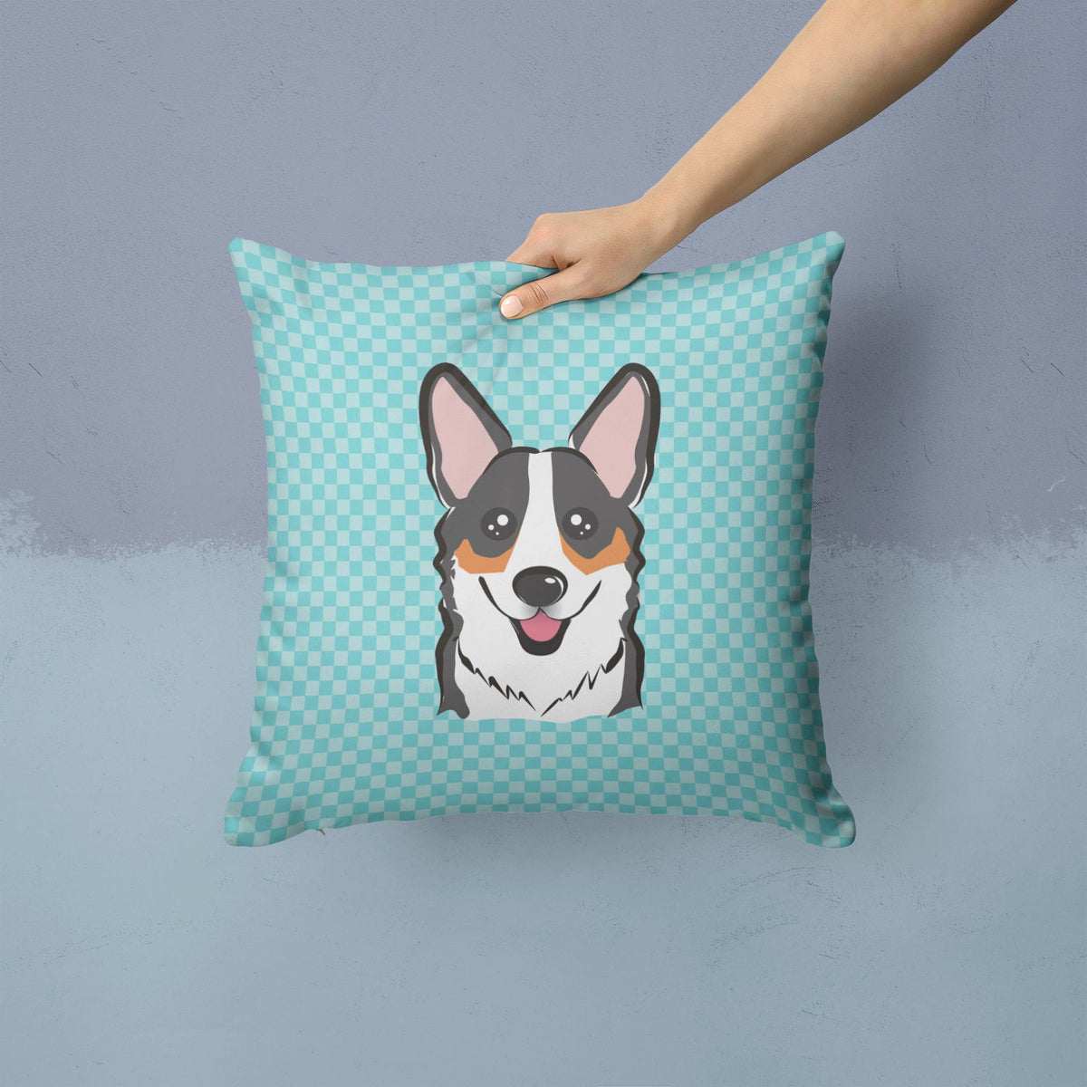 Checkerboard Blue Corgi Decorative Throw Pillow 14x14 Indoor Outdoor Accent Cushion, Fabric Cover with Insert for Sofa, Bed, Porch & Living Room