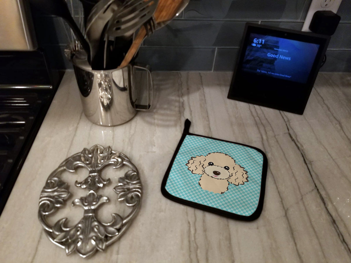 Checkerboard Blue Buff Poodle Pot Holder Set of 2 Heat Resistant Quilted Hot Pads 7.5 x 7.5 Inch, Insulated Kitchen Trivets for Cooking & Baking
